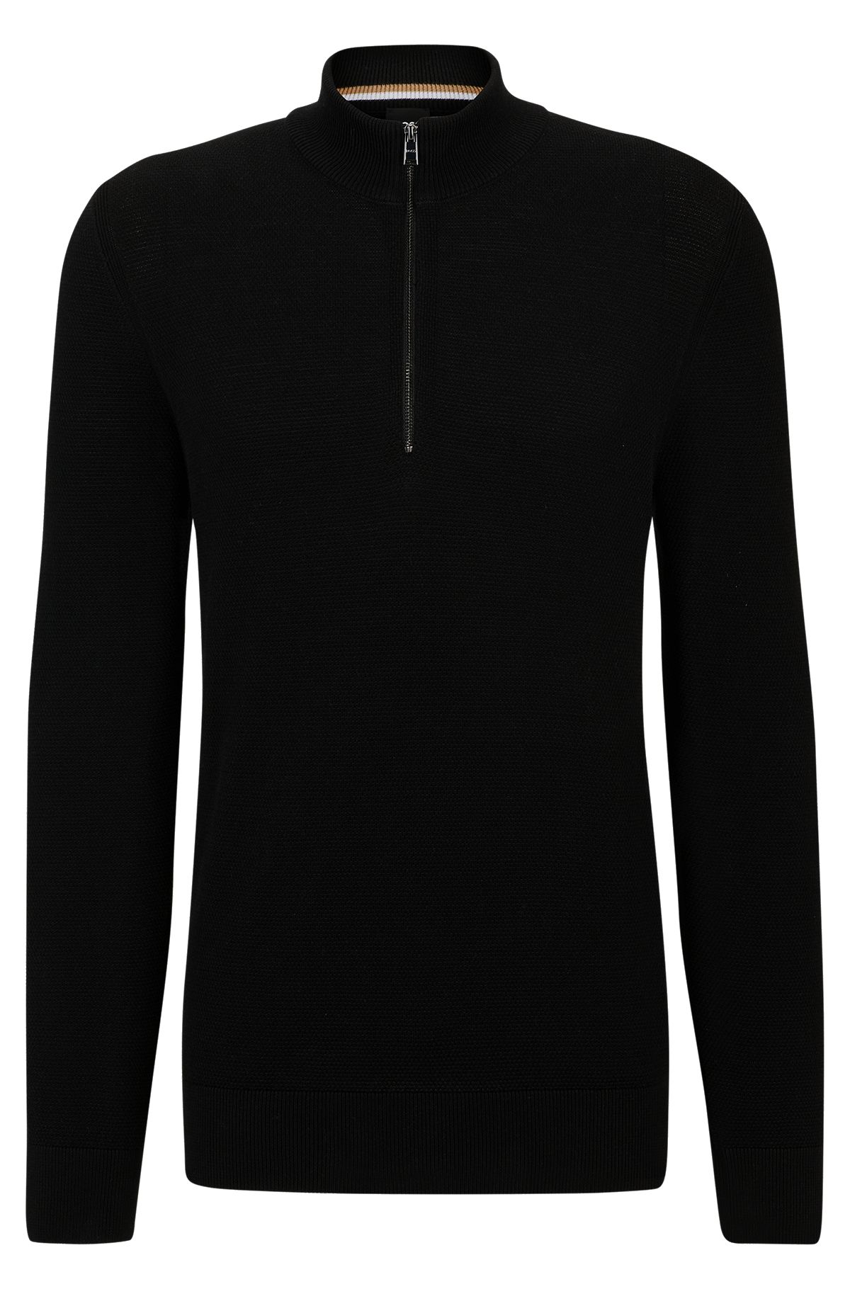 Zip-neck sweater in micro-structured cotton, Black