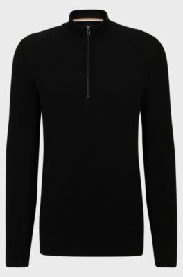 Quarter-zip cotton sweater with knitted structure, Black