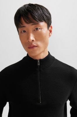 Quarter-zip cotton sweater with knitted structure, Black