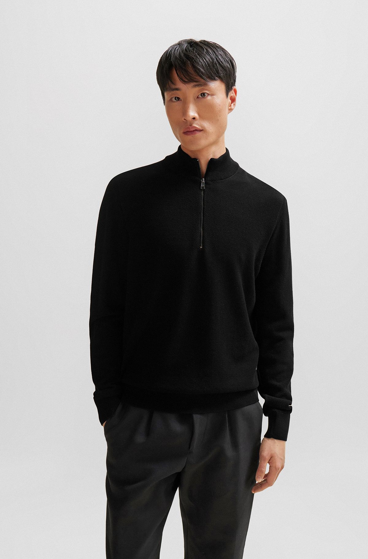 Zip-neck sweater in micro-structured cotton, Black