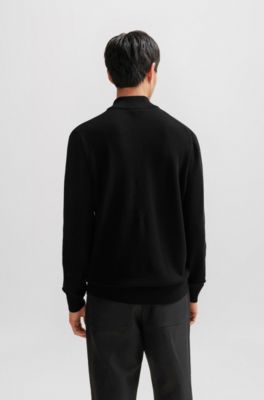 Quarter-zip cotton sweater with knitted structure, Black