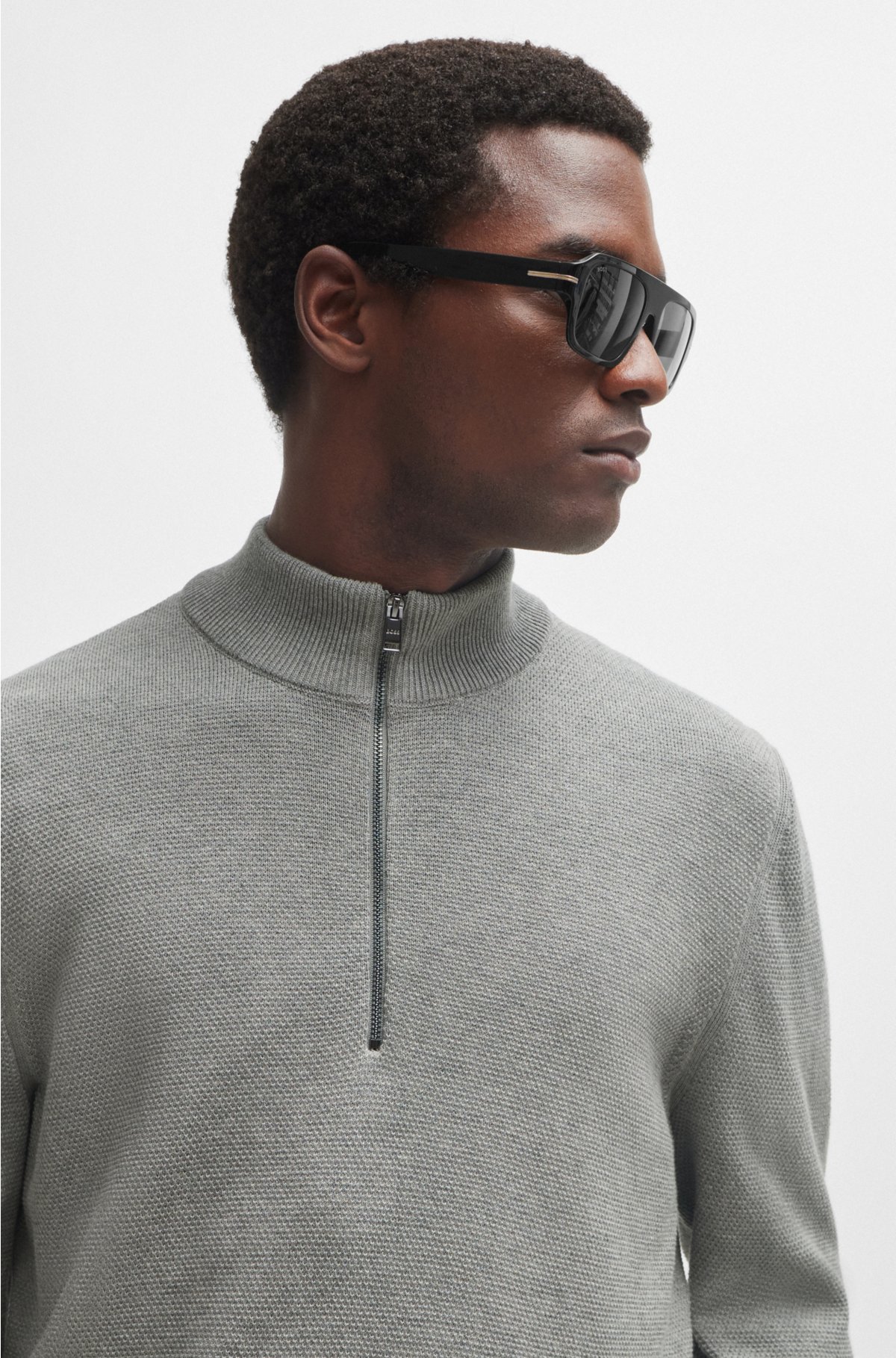 Zip-neck sweater in micro-structured cotton, Grey