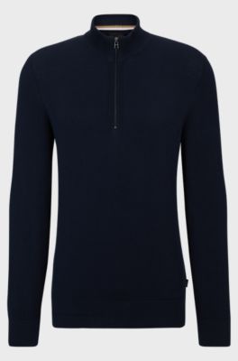 Quarter-zip cotton sweater with knitted structure, Dark Blue