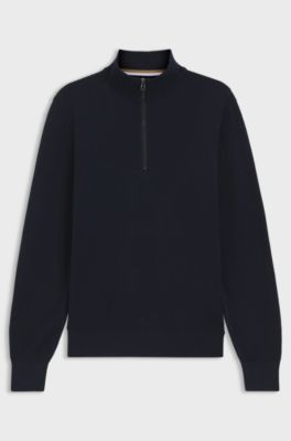 Quarter-zip cotton sweater with knitted structure, Dark Blue