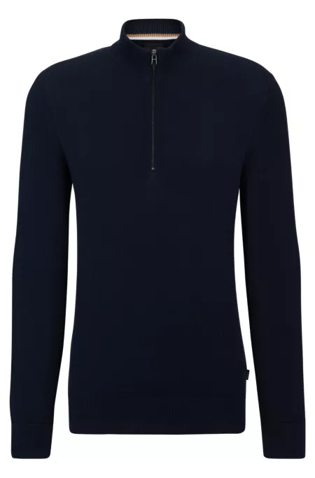 Quarter-zip cotton sweater with knitted structure