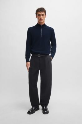 Quarter-zip cotton sweater with knitted structure, Dark Blue