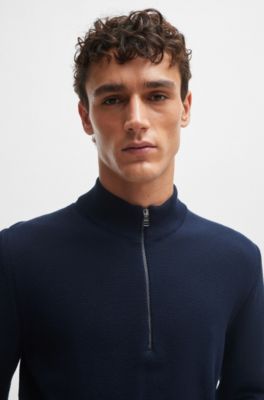 Quarter-zip cotton sweater with knitted structure, Dark Blue
