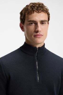 Quarter-zip cotton sweater with knitted structure, Dark Blue