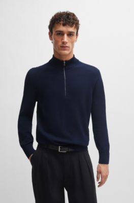 Quarter-zip cotton sweater with knitted structure, Dark Blue