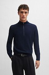 Zip-neck sweater in micro-structured cotton, Dark Blue