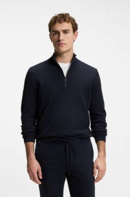 Quarter-zip cotton sweater with knitted structure, Dark Blue
