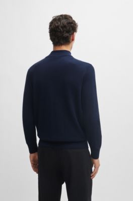 Quarter-zip cotton sweater with knitted structure, Dark Blue