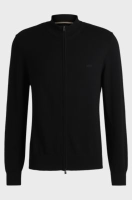 Knitted zip-up cardigan in cotton with embroidered logo, Black