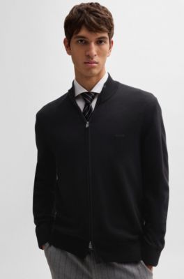 Knitted zip-up cardigan in cotton with embroidered logo, Black