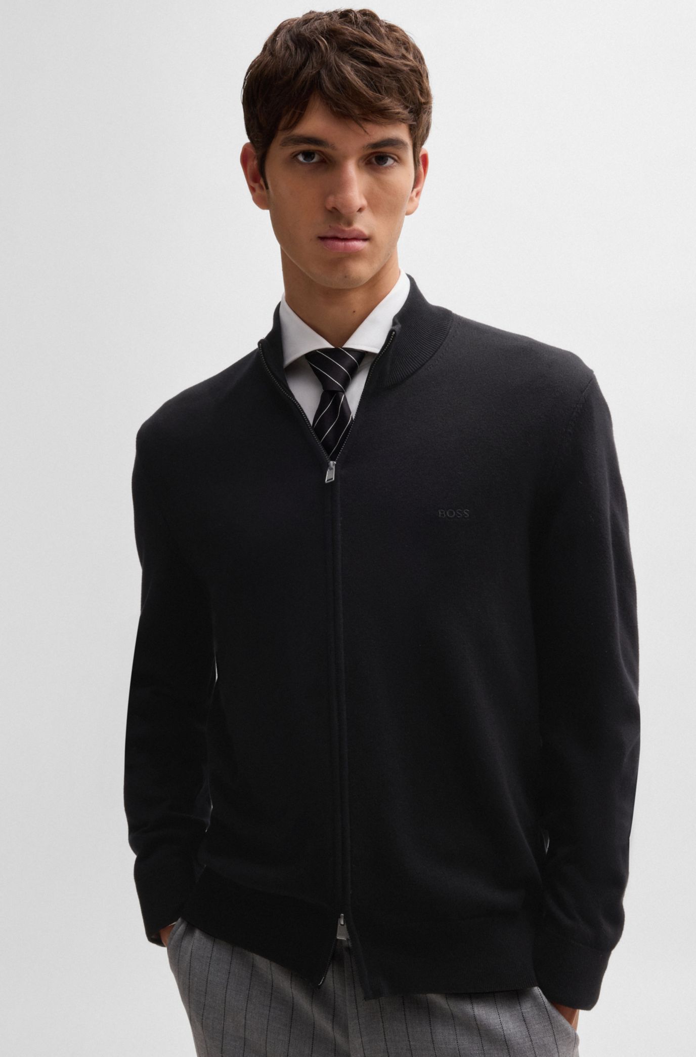 ★Hugo Boss★ジップアップ コットン カーディガン HUGO - ジップアップカーディガン コットン スタックロゴ - ブラック