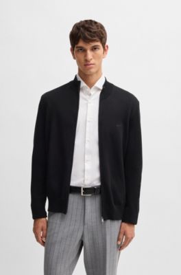 Knitted zip-up cardigan in cotton with embroidered logo, Black