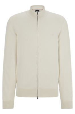 BOSS Knitted zip up cardigan in cotton with embroidered logo Natural