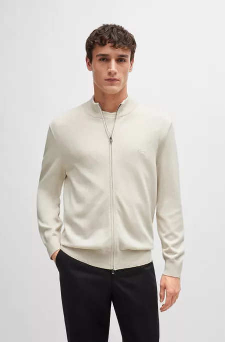 Knitted zip-up cardigan in cotton with embroidered logo