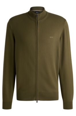 BOSS - Knitted zip-up cardigan in cotton with embroidered