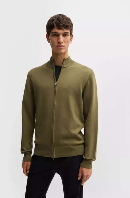 Knitted zip-up cardigan in cotton with embroidered logo
