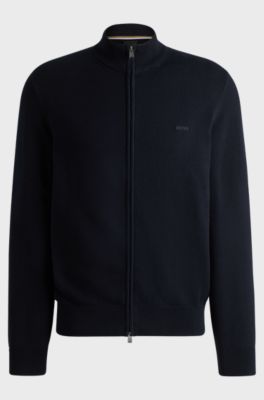 Knitted zip-up cardigan in cotton with embroidered logo, Dark Blue