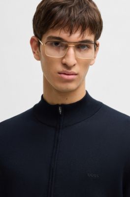 Knitted zip-up cardigan in cotton with embroidered logo, Dark Blue