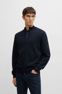 Knitted zip-up cardigan in cotton with embroidered logo, Dark Blue