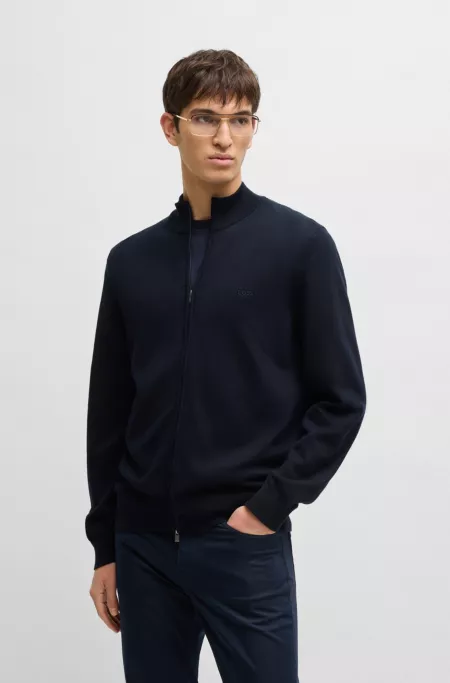 Knitted zip-up cardigan in cotton with embroidered logo