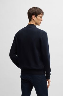 Knitted zip-up cardigan in cotton with embroidered logo, Dark Blue