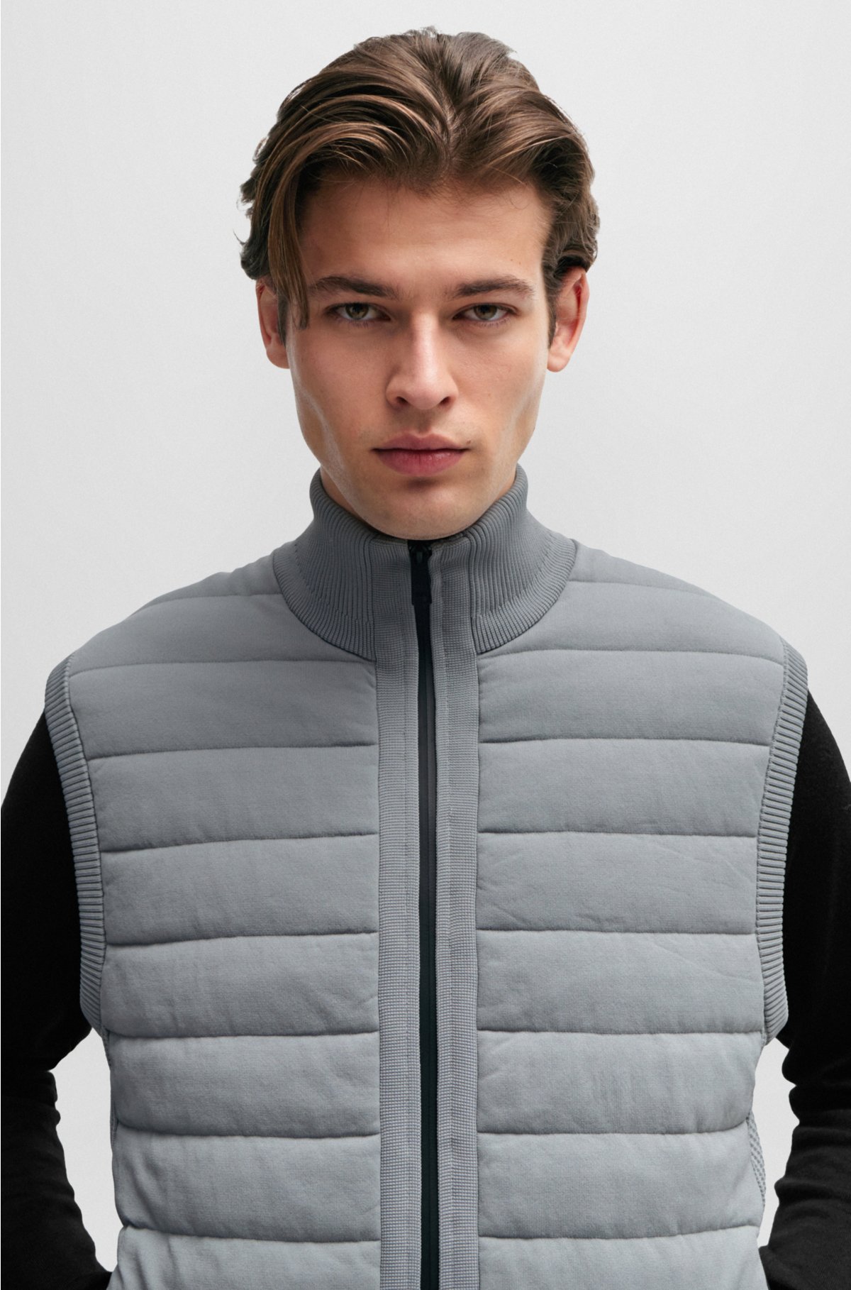 Padded regular-fit gilet in mixed materials, Grey
