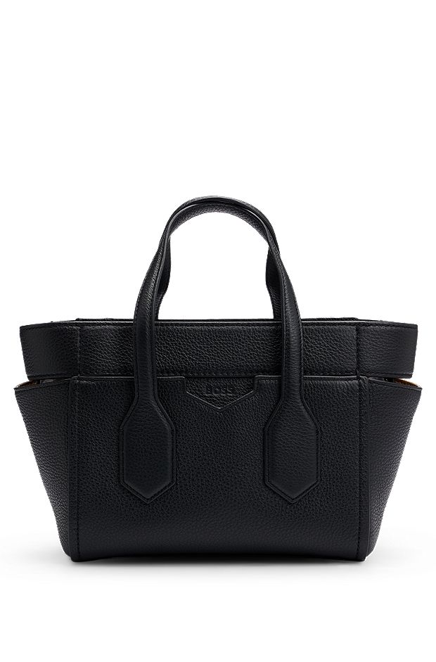 Grained-leather tote bag with debossed logo, Black