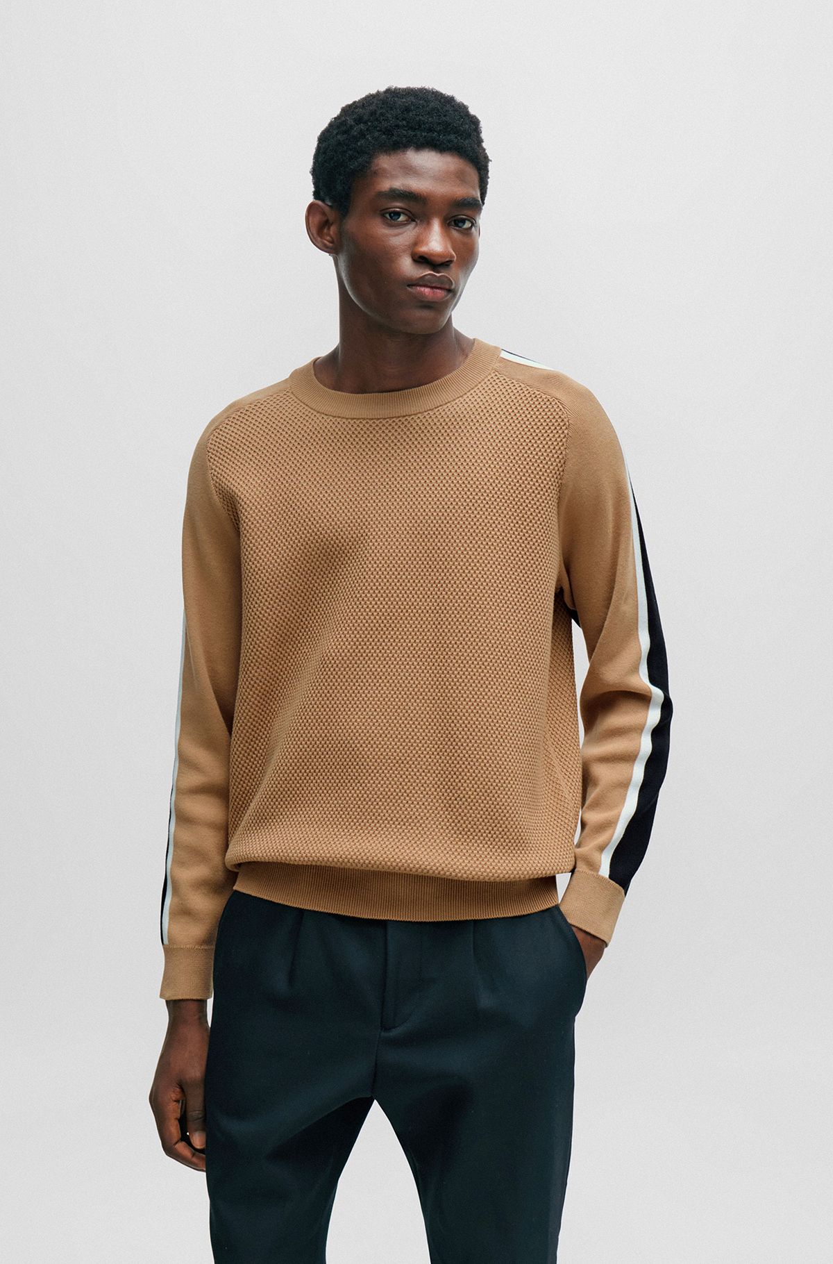 Cotton sweater with colour-blocking and mesh detail, Beige