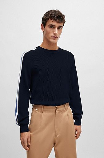 Cotton sweater with colour-blocking and mesh detail, Dark Blue
