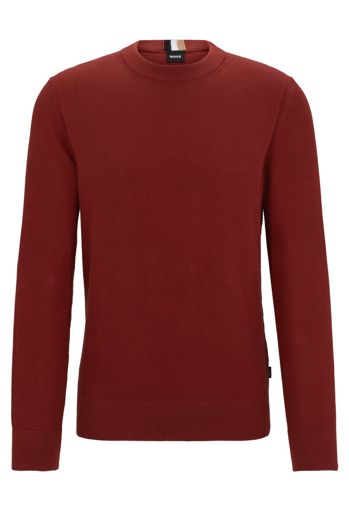Micro-structured crew-neck sweater in cotton, Dark Red