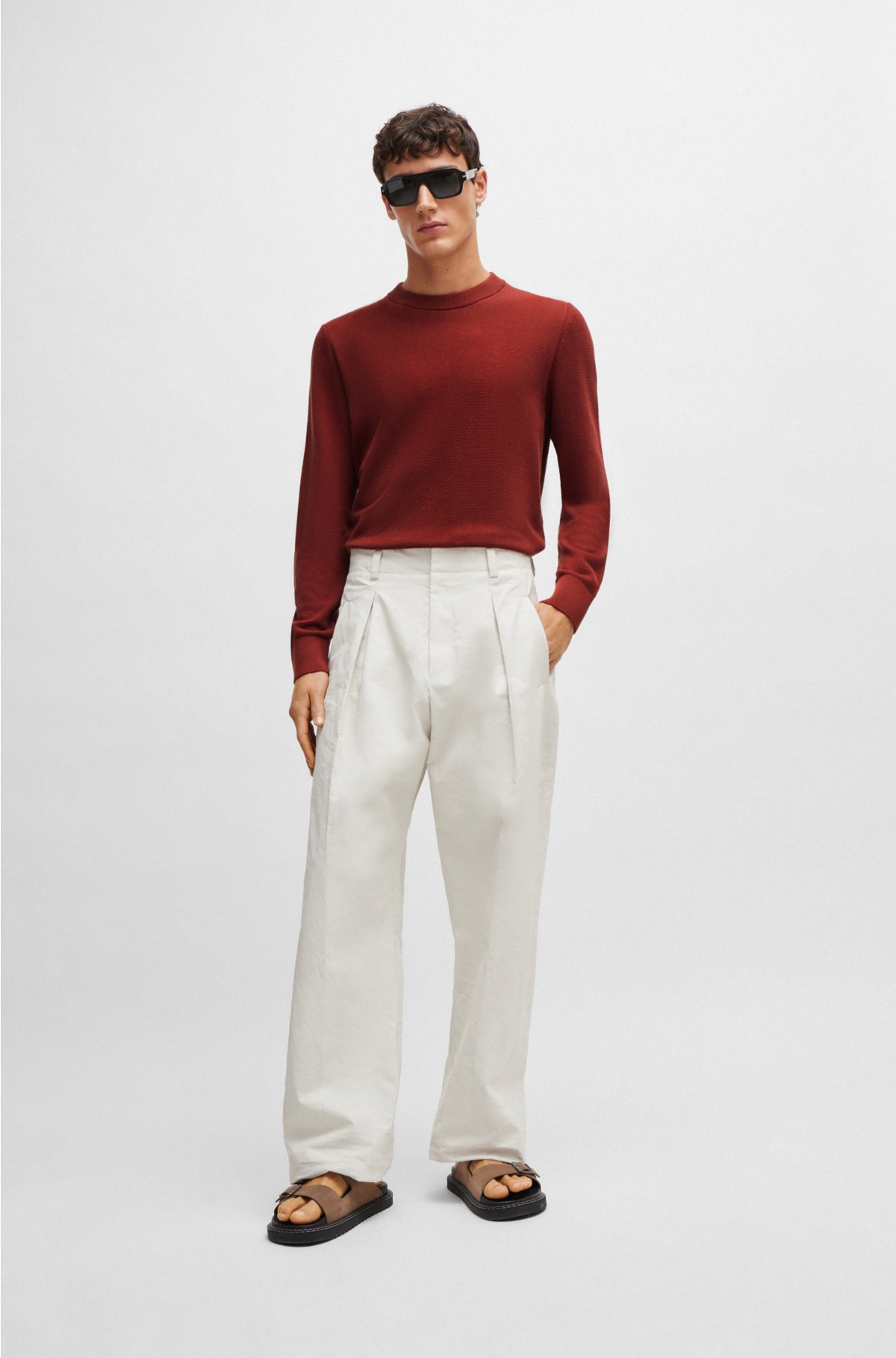 Micro-structured crew-neck sweater in cotton, Dark Red