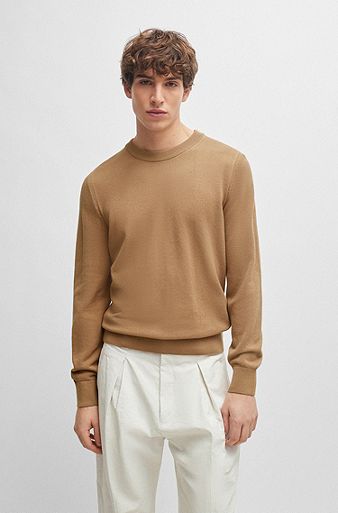 Micro-structured crew-neck sweater in cotton, Beige