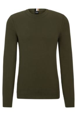 Hugo Boss Micro-structured Crew-neck Sweater In Cotton In Green