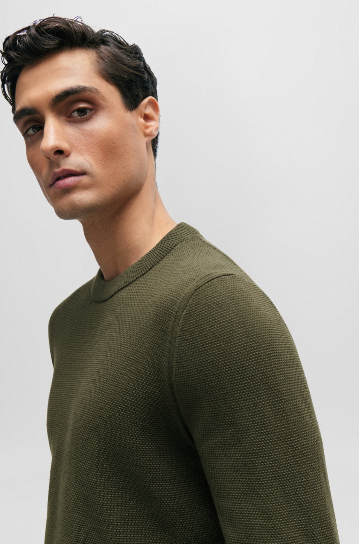 Micro-structured crew-neck sweater in cotton, Dark Green