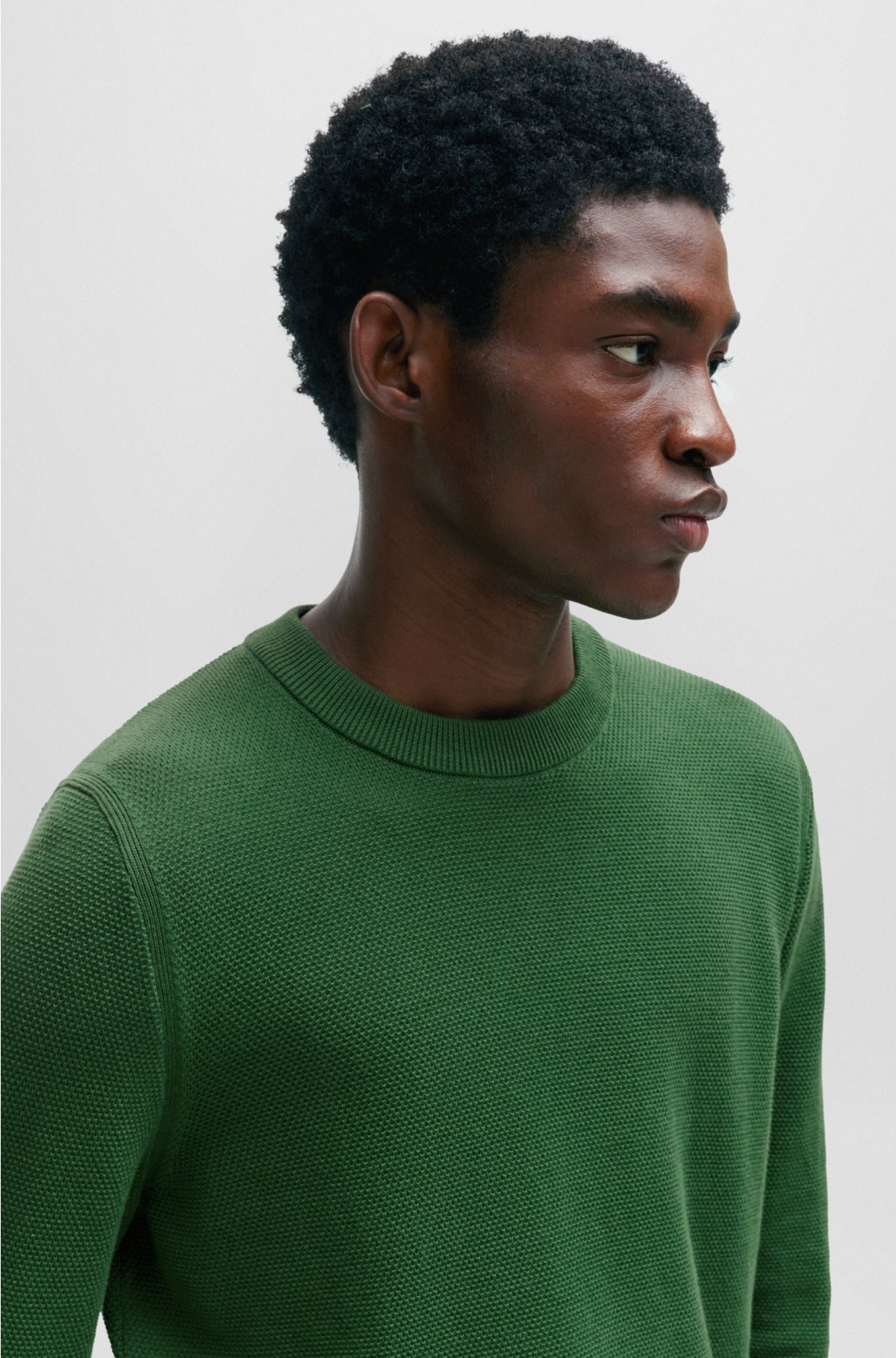 Micro-structured crew-neck sweater in cotton, Green