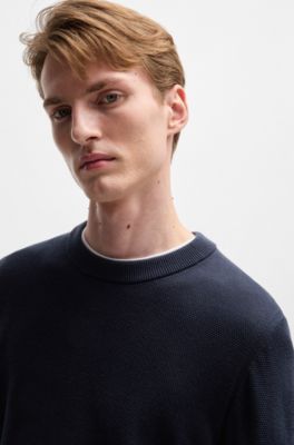 Micro-structured sweater in cotton, Dark Blue