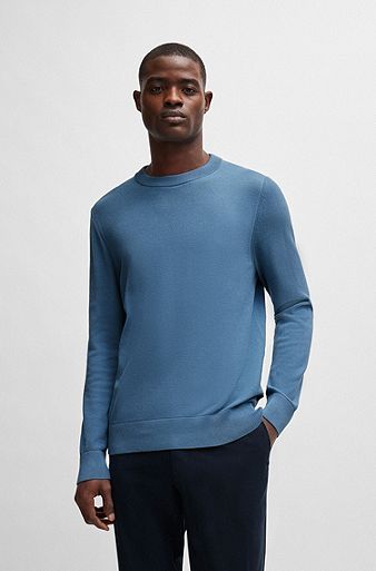 Micro-structured crew-neck sweater in cotton, Blue