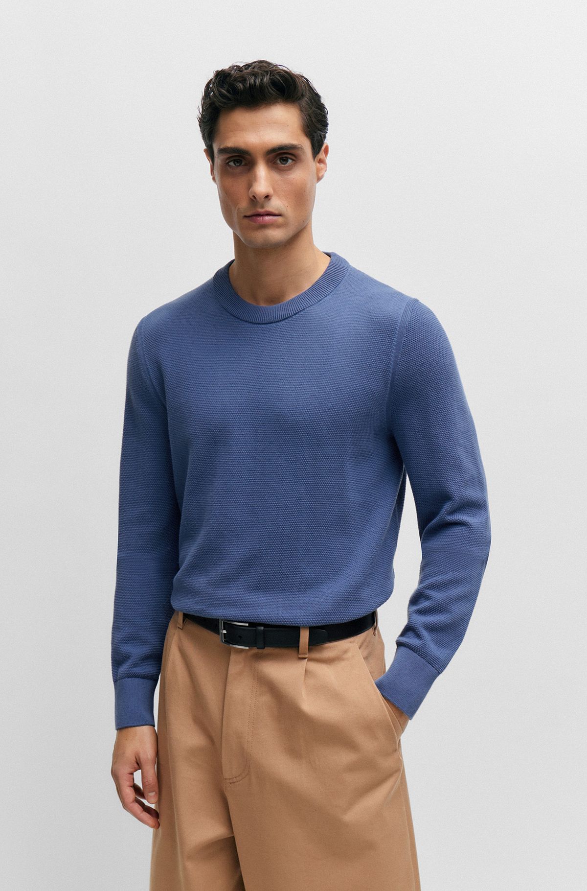 Micro-structured crew-neck sweater in cotton, Blue