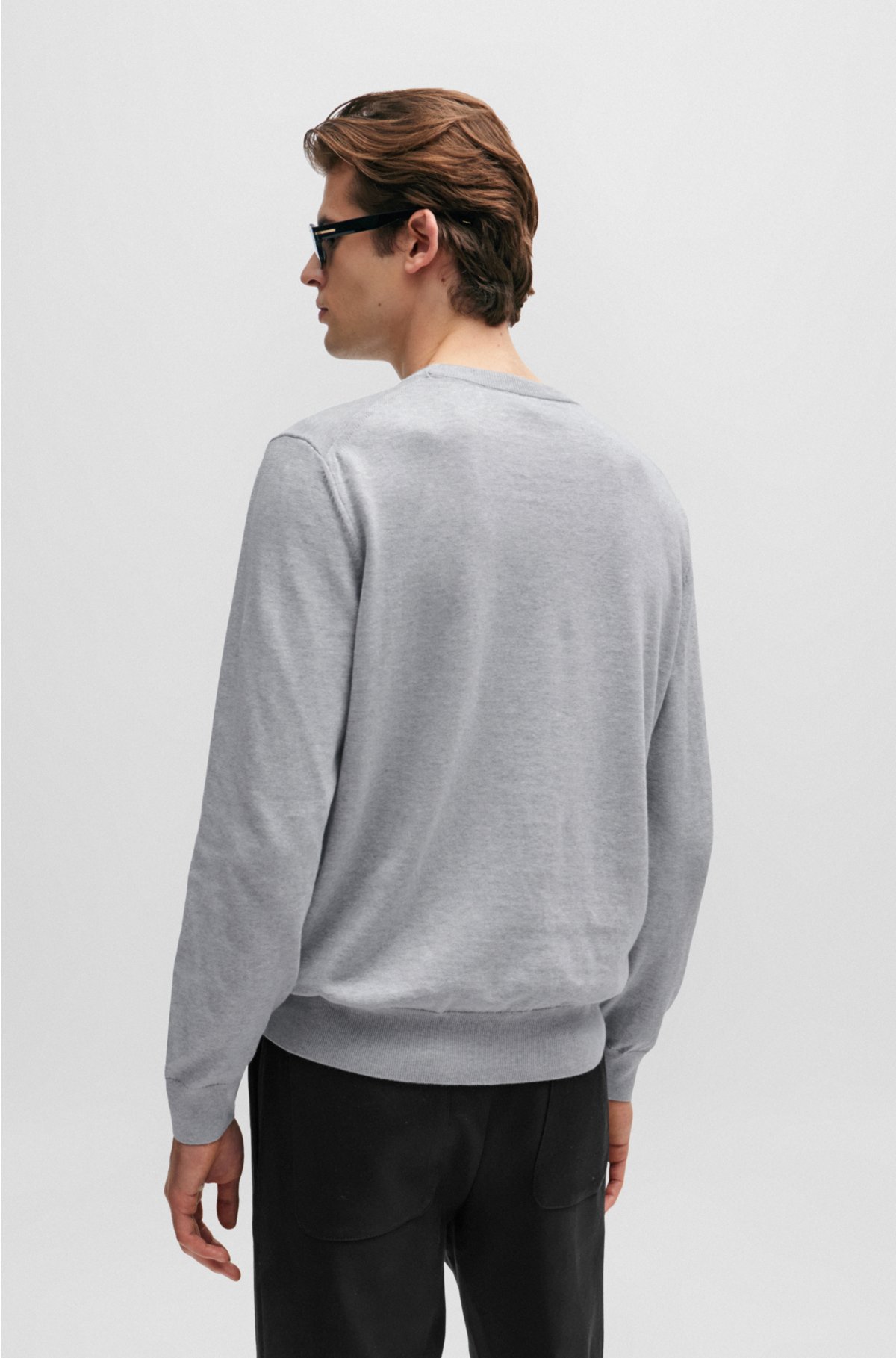 Crew-neck sweater in cotton with embroidered logo, Light Grey
