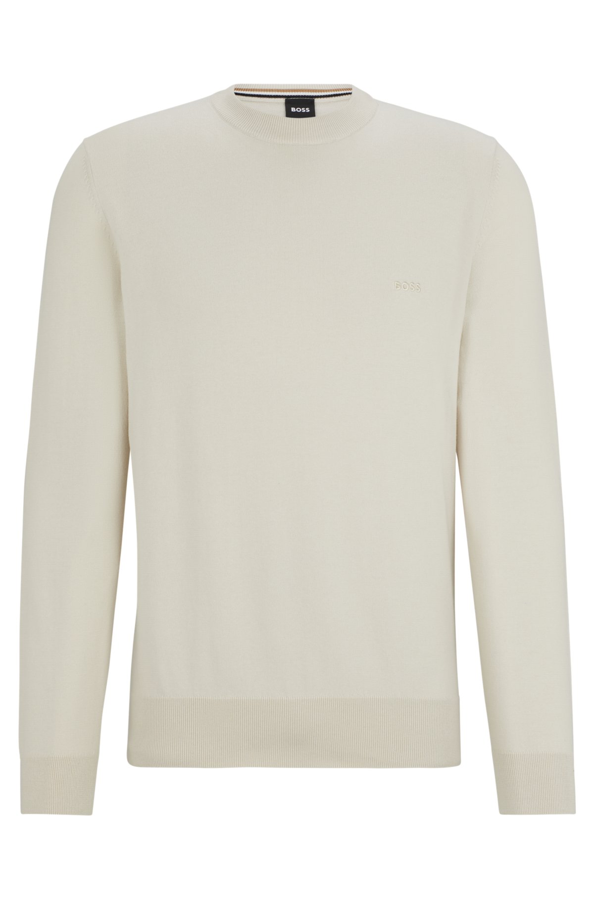 Crew-neck sweater in cotton with embroidered logo, Natural