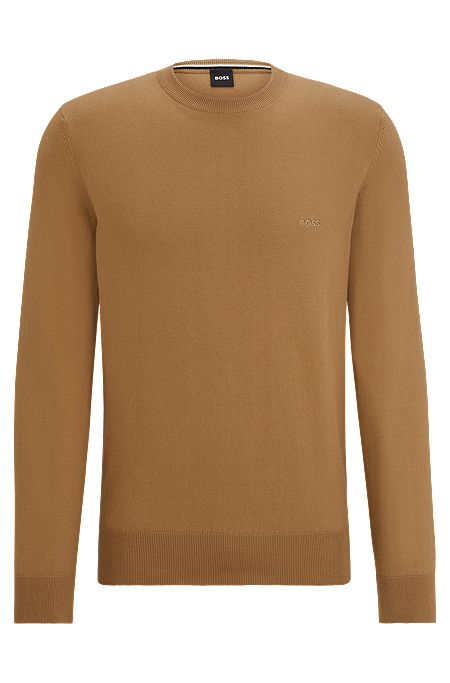 Crew-neck sweater in cotton with embroidered logo, Beige