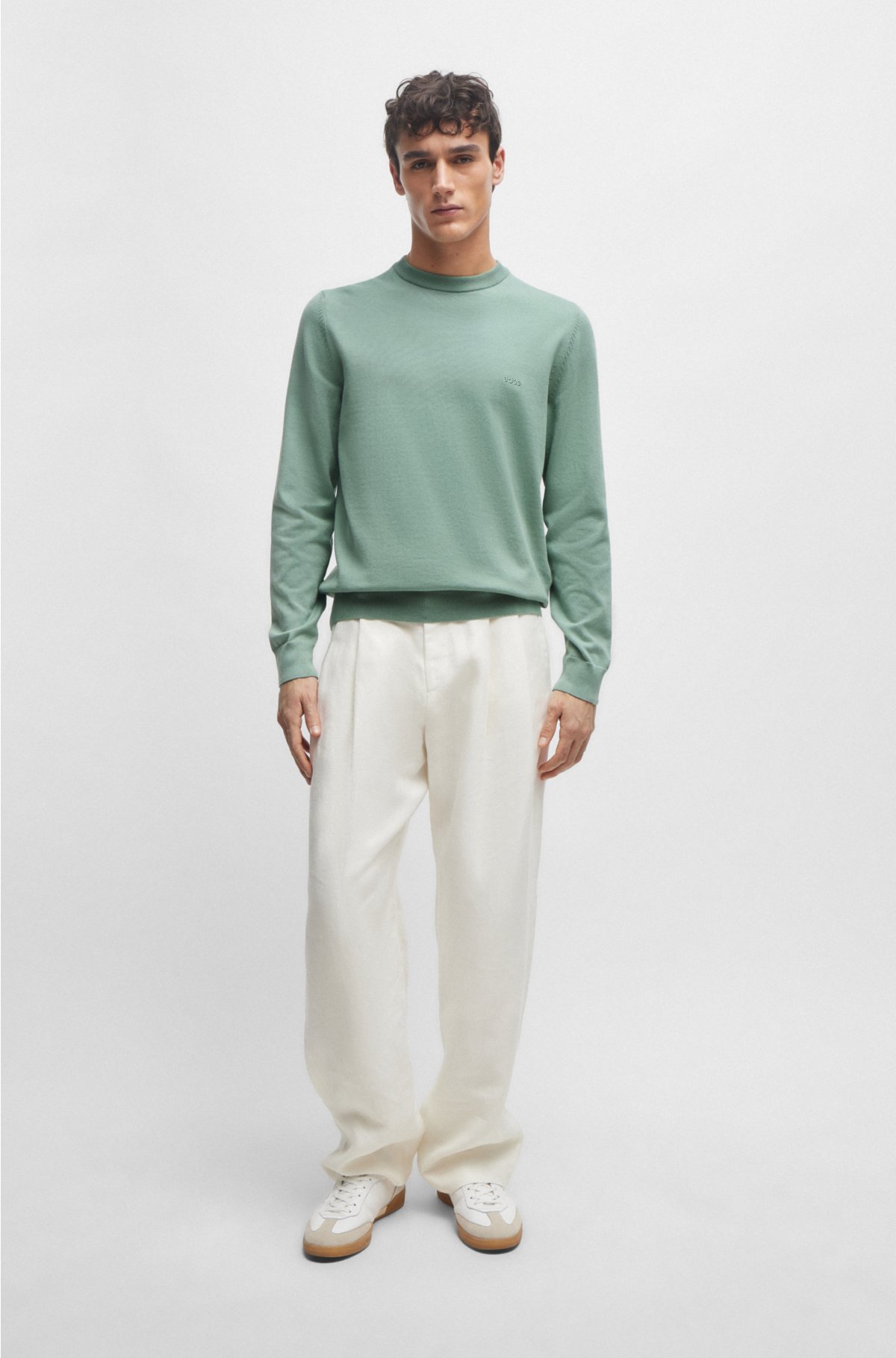Crew-neck sweater in cotton with embroidered logo, Light Green