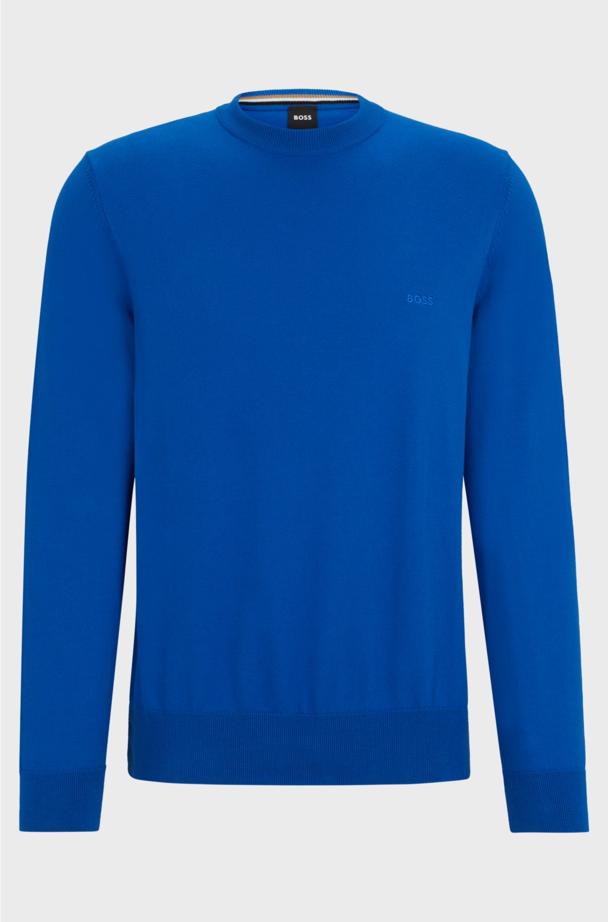 Crew-neck sweater in cotton with embroidered logo, Blue