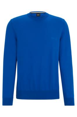 Hugo Boss Crew-neck Sweater In Cotton With Embroidered Logo In Blue