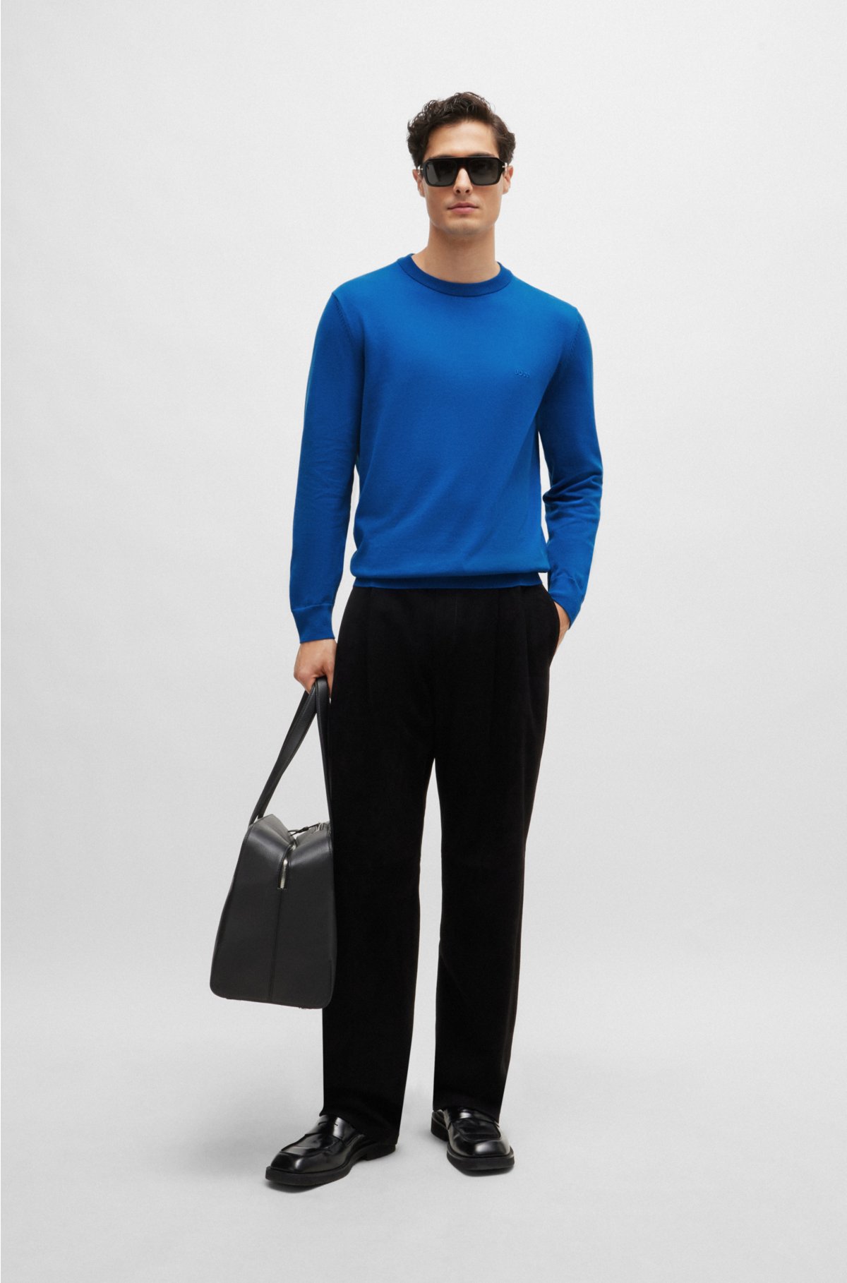Crew-neck sweater in cotton with embroidered logo, Blue