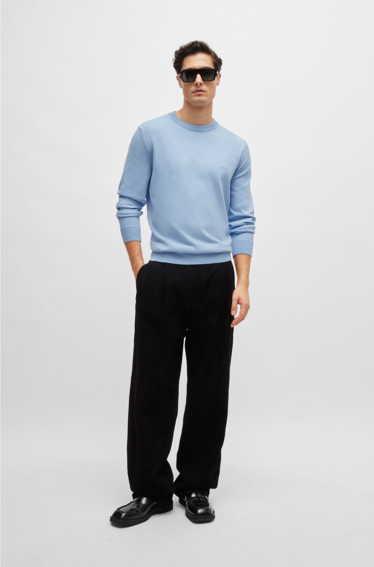 Crew-neck sweater in cotton with embroidered logo, Light Blue